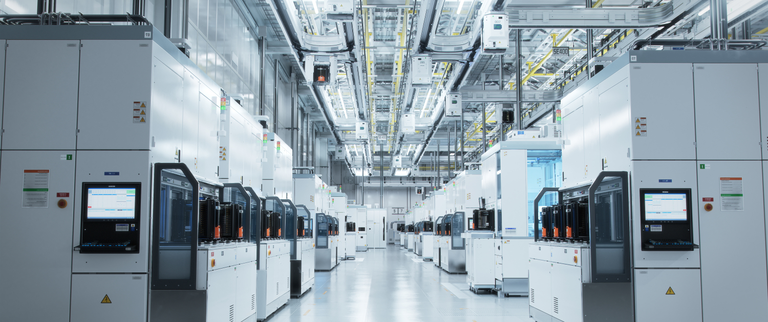 Wide shot of Bright Advanced Semiconductor Production Fab Cleanr